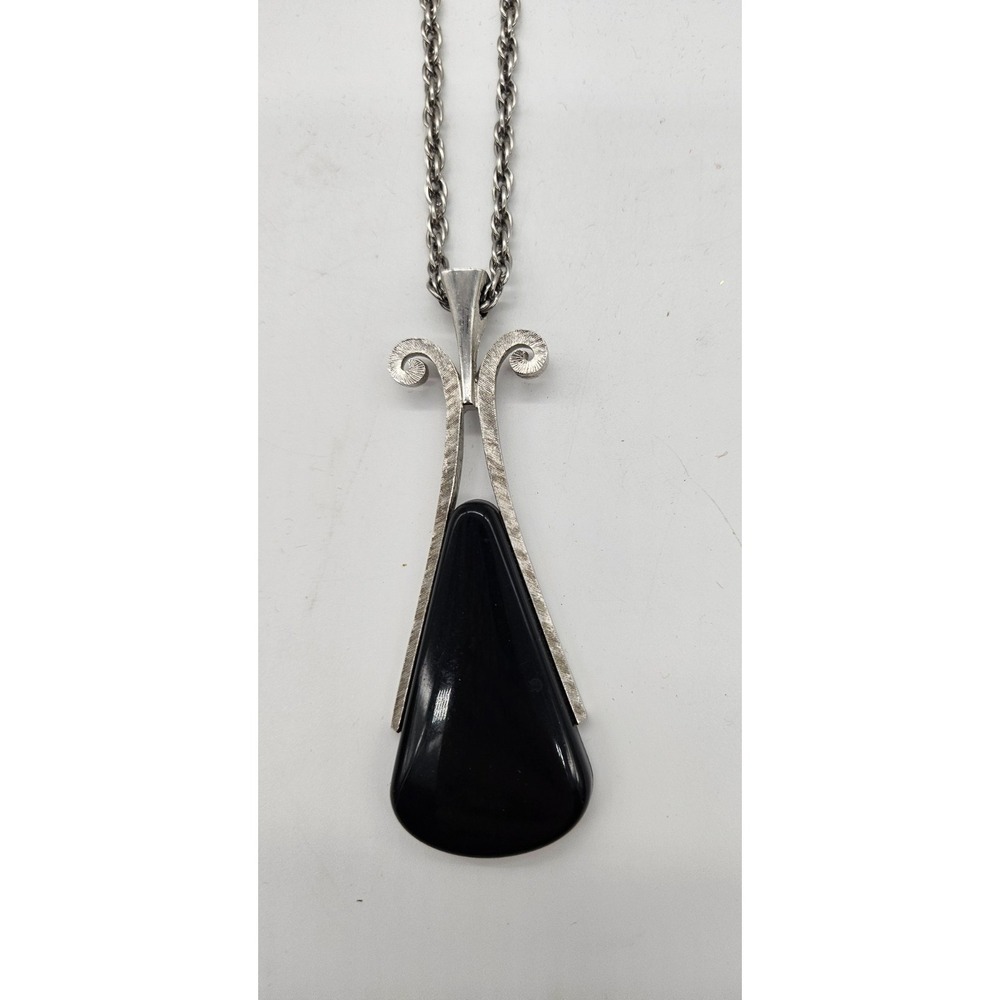 Vintage AVON Black Teardrop Pendant Necklace Silver Tone Scroll Art Deco Style